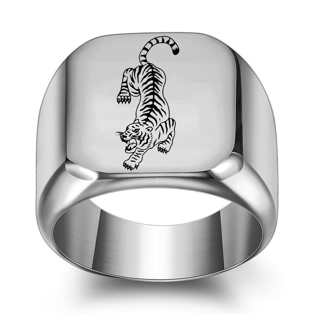 Retro European-American Style 18MM Laser Engraved Tiger Stainless Steel Ring for Women