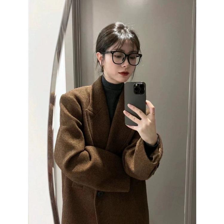 Modny, za kolano, wełniany płaszcz dla kobiet, pogrubiona, stylowa, tweedowa odzież wierzchnia na jesień i zimę