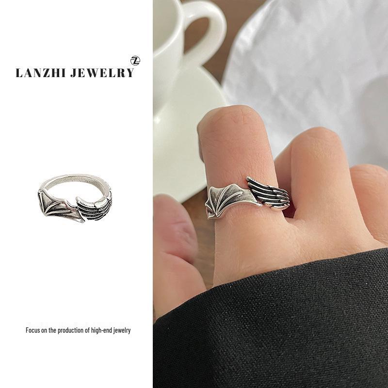

Кольцо из тайского серебра Lan Zhi с асимметричным крылом в стиле хип-хоп из стерлингового серебра 925 пробы - Женское украшение, не тускнеющее Adjustable Opening