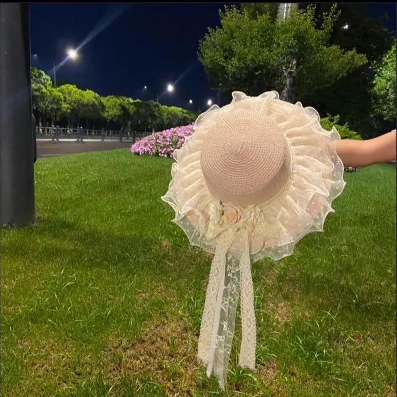 Sun Hat Pastoral Sweet Lolita Straw Hat Lace Bow Travel Streamer Sunscreen Straw Hat Beauty