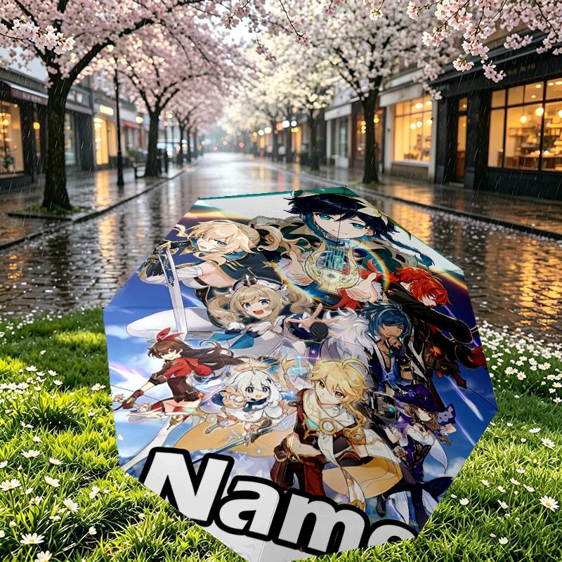 Custom Name Personalized Genshin Impact Print Umbrella, Auto Open Close, 8‑Rib Sturdy Frame, Commute Camping Hiking Use, Birthday Gift