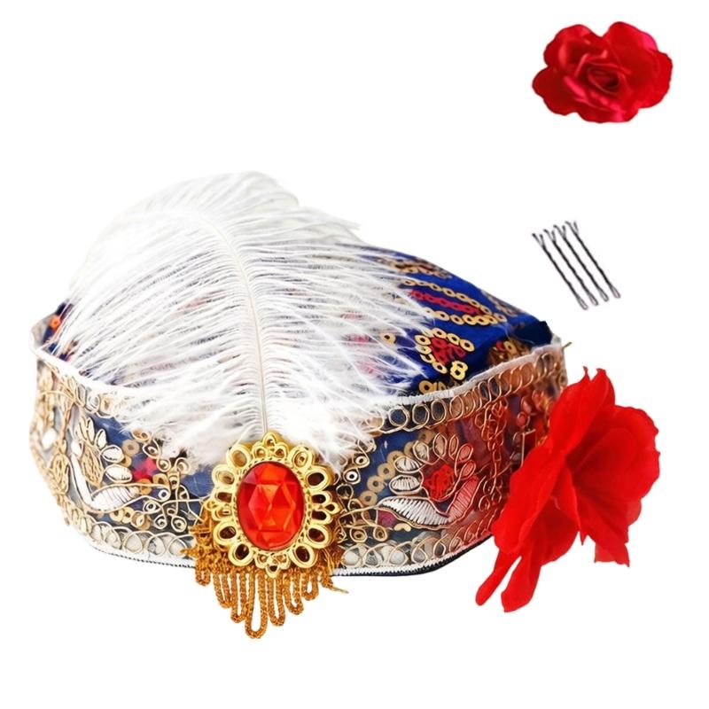 Uyghur Nationality Hat With Embroidery Pattern And Feathered For Women Cosplay Parties And Carnivals Cultural Festival