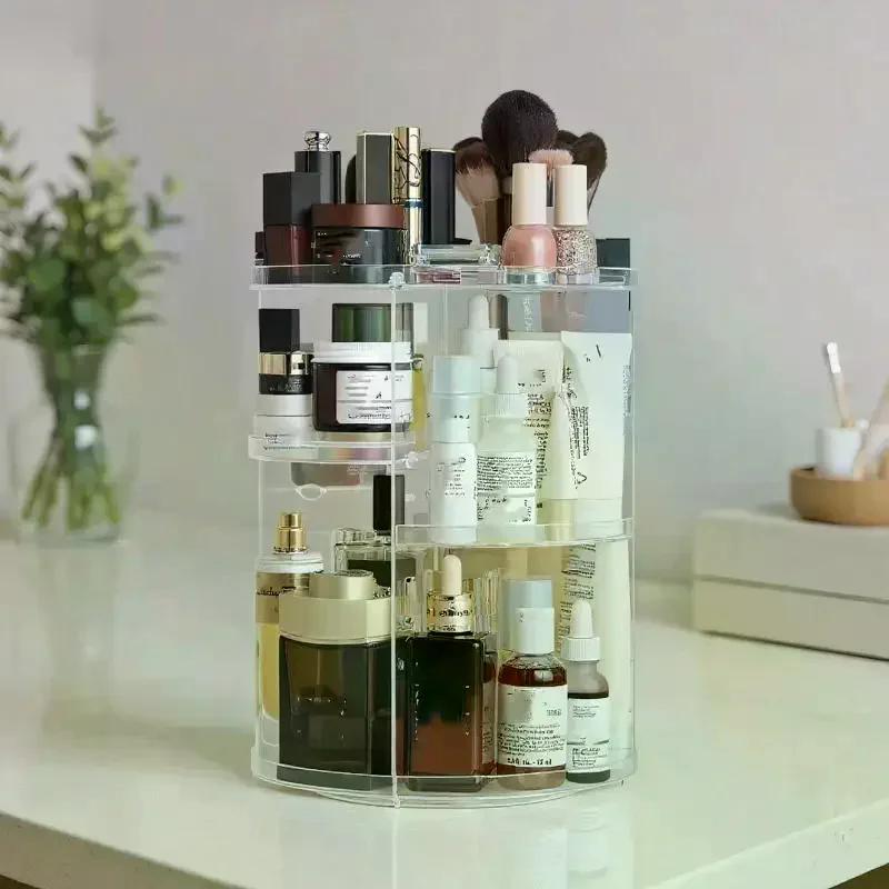 Drehbarer Make-up-Organizer Kosmetik-Ausstellungsbox mit Pinselhalter Parfüm-Tablett Aufbewahrung Karussell für Waschtisch Badezimmer Arbeitsplatte