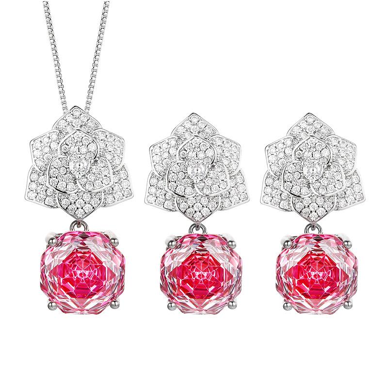 Conjunto de Pingente de Pétala Vermelha Rosa com Corte Rosa Simulação de Joia Pedra Principal 12Mm