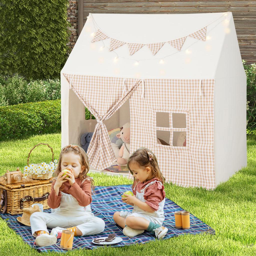 COSTWAY Kids' Folding Tent with LED Lights, Secret Base Playhouse, Kids House, Sleeping Tent, Toy House with Window, Indoor Play Tent for Girls and