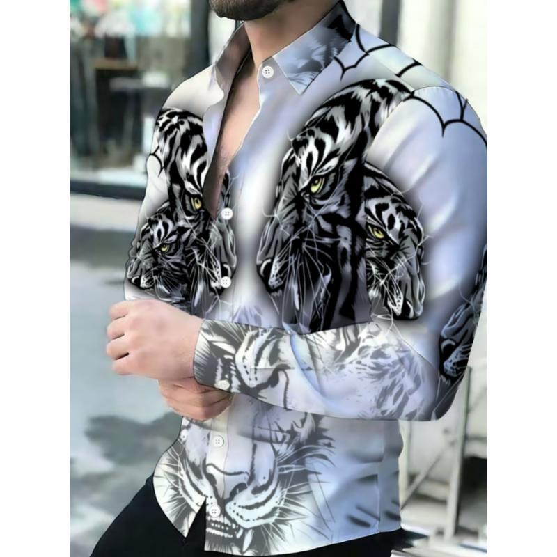 Men's Printed Long Sleeve Button Down Shirts Turn Collar Nightclub Casual Camisas Hombre Plus Size Streetwear Fashion Top