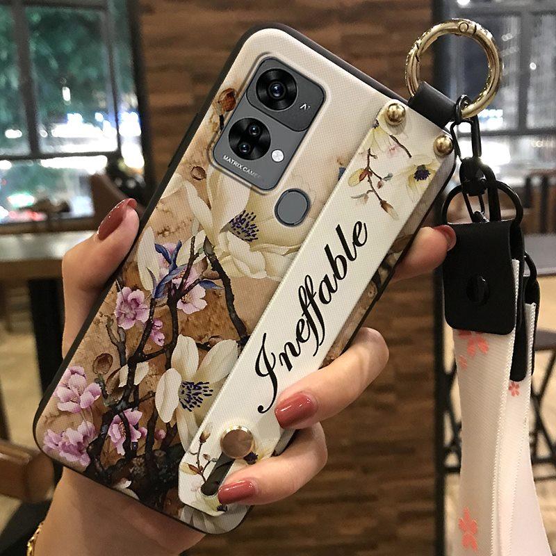 Ring Dirt-resistant Phone Case For Oukitel C33 Fashion Design Wrist Strap Lanyard Phone Holder Kickstand Silicone Flower