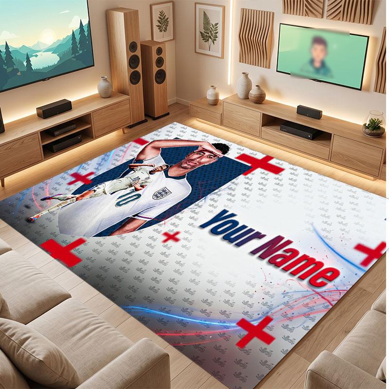 Jude Bellingham Custom Crystal Velvet Rug, Personalized Name Text Print, Football Logo Soft Non‑Slip Floor Mat Home Decor Gift