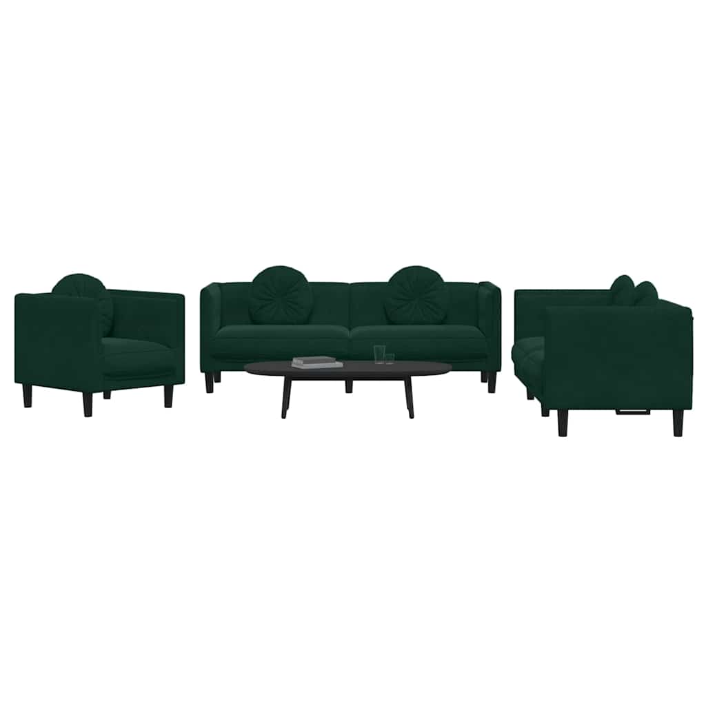 3 Piece Sofa Set with Cushions Dark Green Velvet