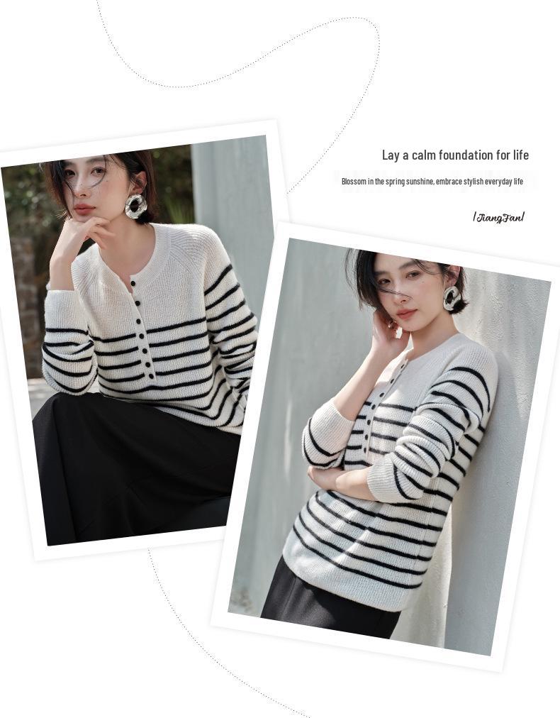 Women's 100% Pure Cashmere Striped Button-Up Raglan Sleeve Cardigan Sweater, Round Neck for Autumn/Winter