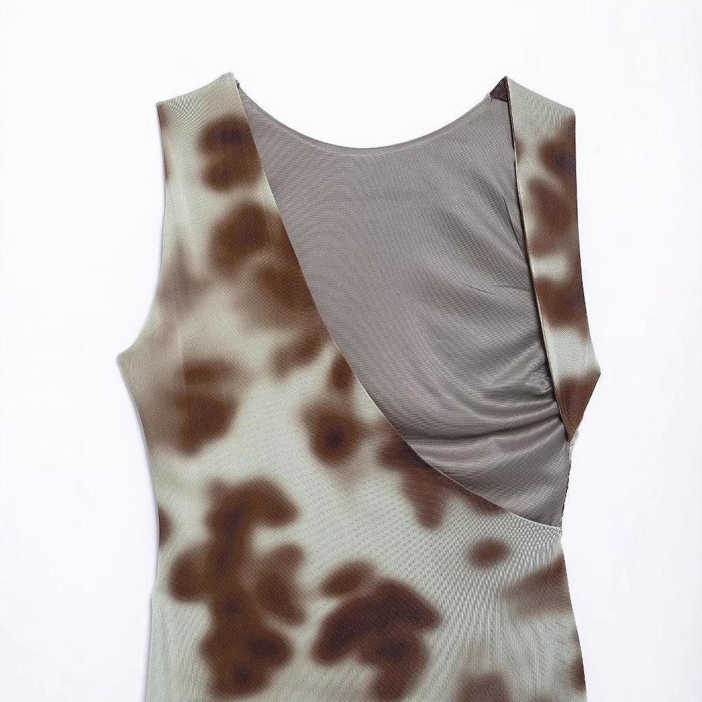 2025 Spring Women's European & American Pleated Print Sleeveless Midi Dress