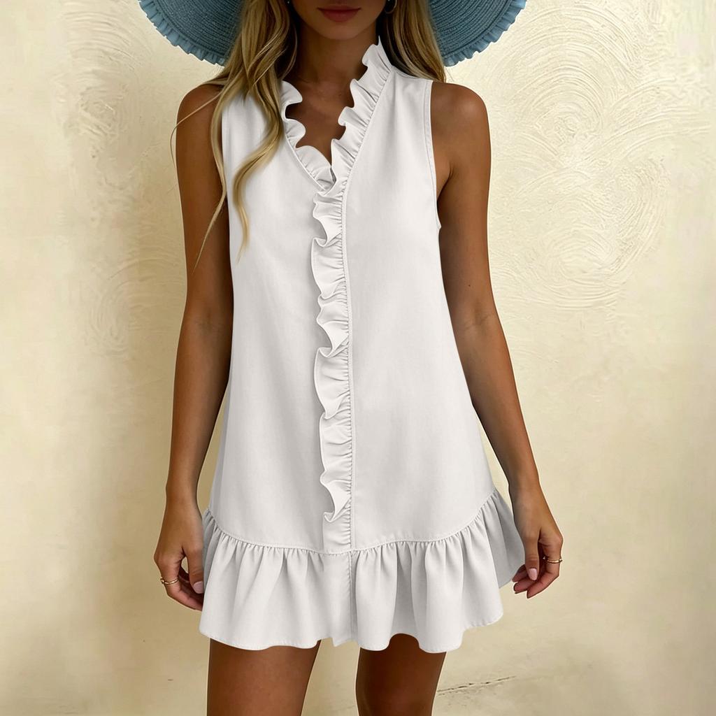 Women's Summer Fashionable Color Sexy V-neck Sleeveless Casual Cotton Linen Ruffle Edge Dress