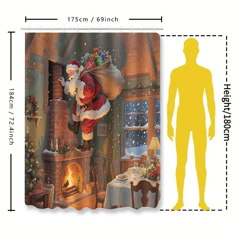 Santa Claus Climbing Chimney with Gifts Christmas Shower Curtain Festive Decor for Bathroom Christmas Party Home Accent