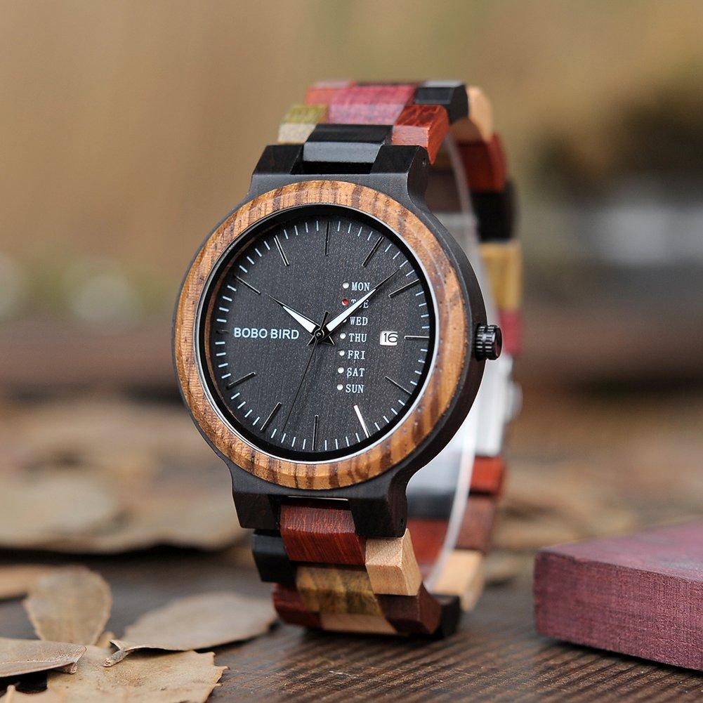 BOBO BIRD Men's Wooden Watch, Natural Wood, Colorful, Day and Date Display, Japanese Quartz Movement, Chronograph, Unique Design