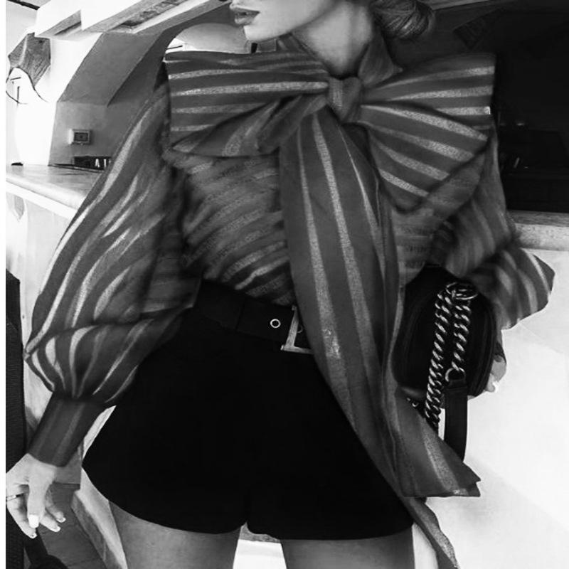 Stripe Shirts Women Long Sleeve Bow Collar  Elegant Shirt Fashion Clothing