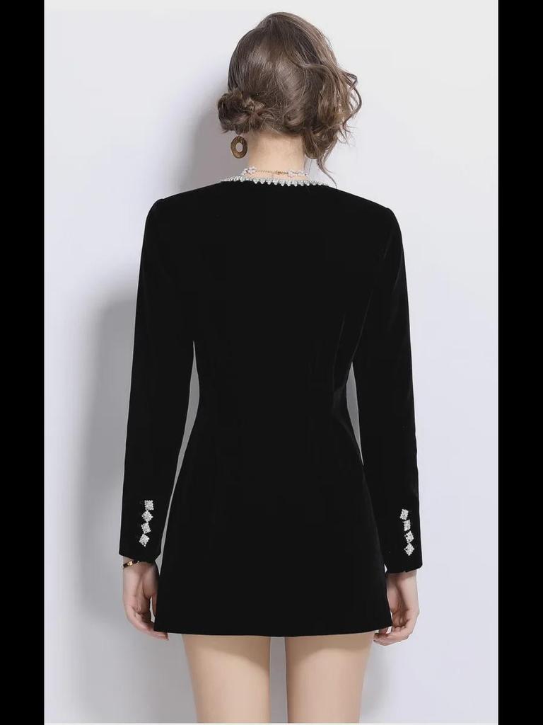 Elegant Velvet Dress with Red Rhinestone Accents