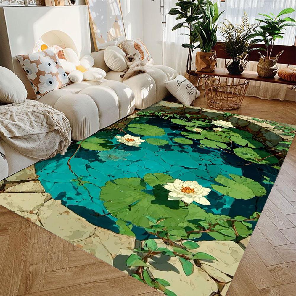 2D Koi Fish and Lotus Leaf Rock Design Carpet Suitable for Bedroom and Living Room Carpets Floor Mats for Children's Play Areas