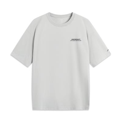 Li Ning CF Cor Pura Letra Gola Redonda Sensação de Gelo Confortável Antibacteriana Camiseta de Manga Curta Masculina Camiseta Cinza Tijolo ATSV189-5
