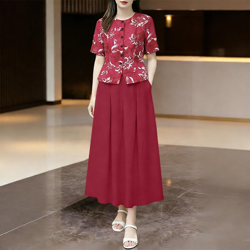 ZANZEA Women Short Sleeve Print Blouse and Long Skirts Summer Two Piece Suit Sets