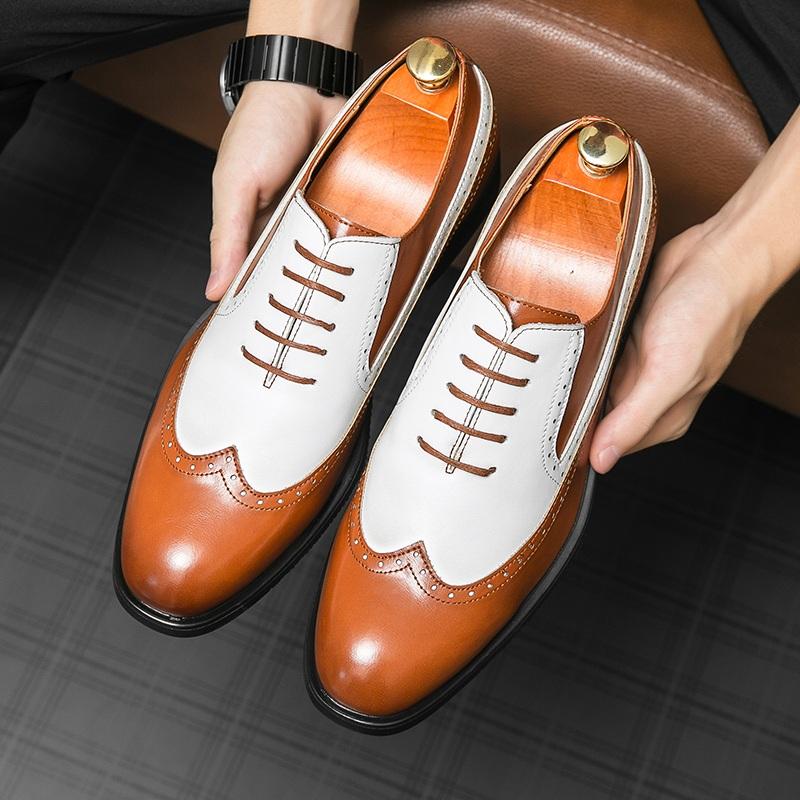 Fashion Vintage Fashion Men's Brown Mixed Color Patent Leather Lace Up Flats Brogues Shoes Casual Oxford Formal Dress Wedding Footwear