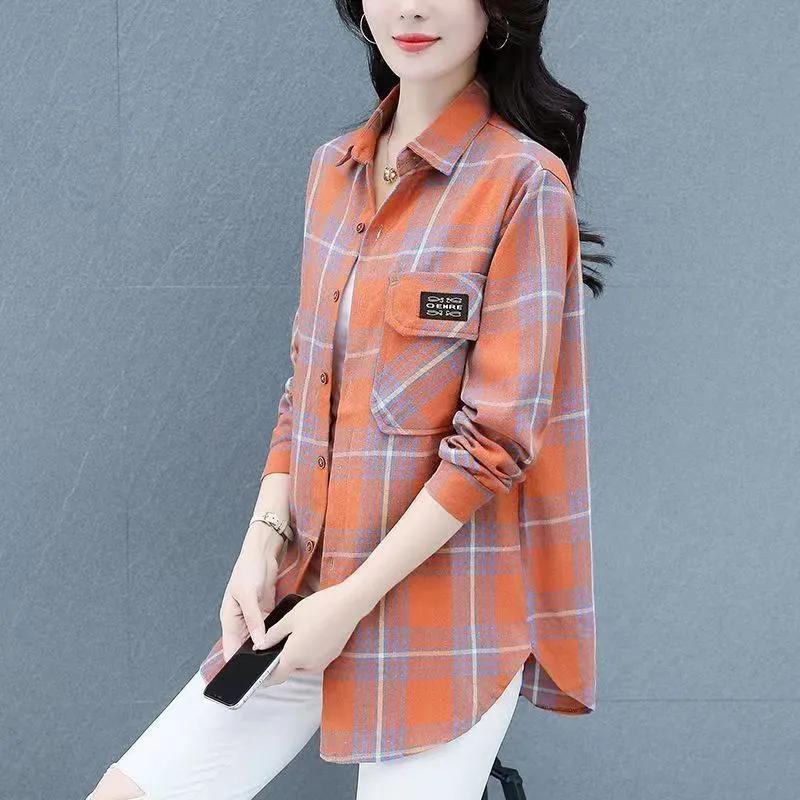 Spring Autumn Fashion Printed Spliced Pockets Plaid Shirt Women's Clothing New Casual Tops Korean Blouse