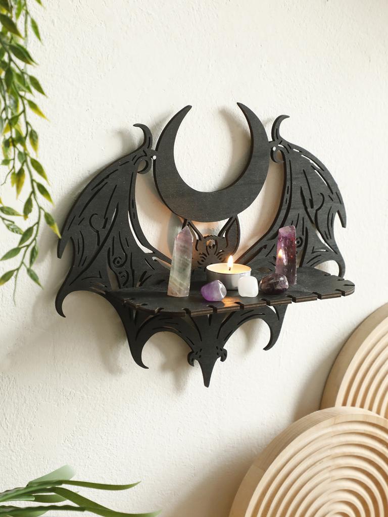 Halloween Black Wooden Wall Shelf Gothic Bat Moon Hollow Pattern Floating Shelf Crystal Holder Witch Room Decor Goth Home Decor