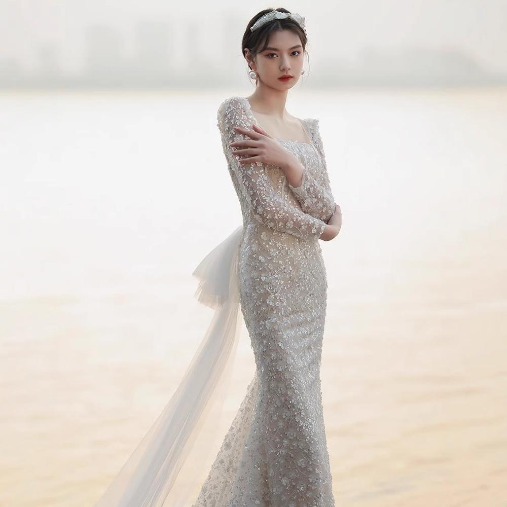 French light wedding dress 1011 new bridal temperament simple dress princess style fishtail travel photo wedding dress
