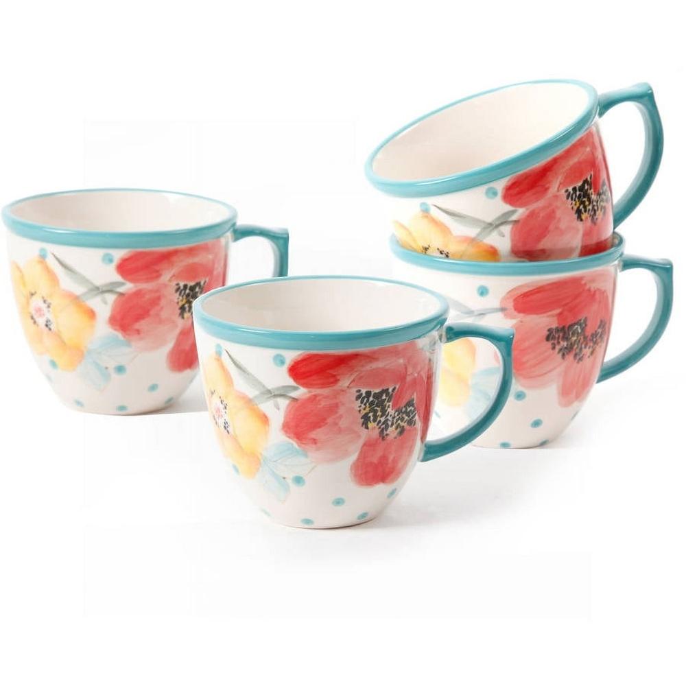 Vintage Bloom 4 Piece Stoneware Coffee Mug Set Dishwasher Microwave Safe Floral Pattern Coffee Cups Perfect Kitchen Entertaining