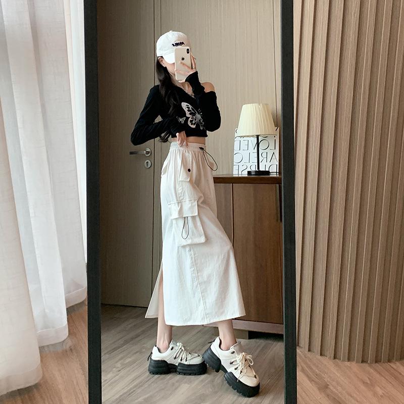 Women's High Waist A-Line Midi Skirt - Retro Workwear with Slit & Drawstring for Petite Figures, Spring & Autumn.