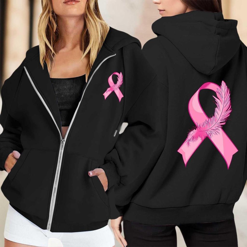 Women's Breast Sweatshirt Ribbon Breast Long Sleeve Hooded Pocket Casual Sweatshirt Jacket