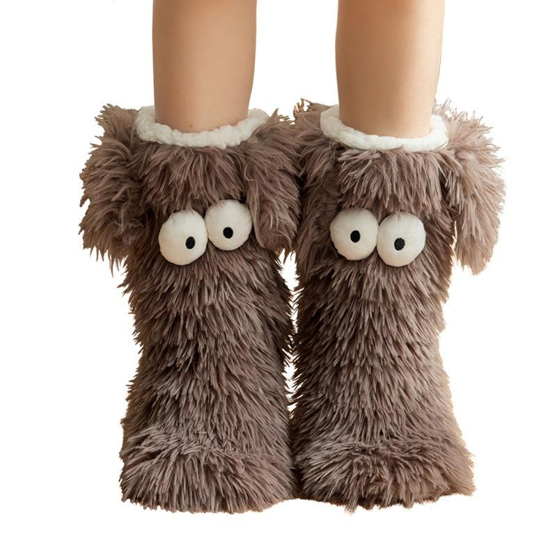 Hot Women's Winter Kawaii Big Eyes Slipper Socks with Puppy Ears Cartoon Non-slip Floor Socks Warm Thickened Coral Stockings