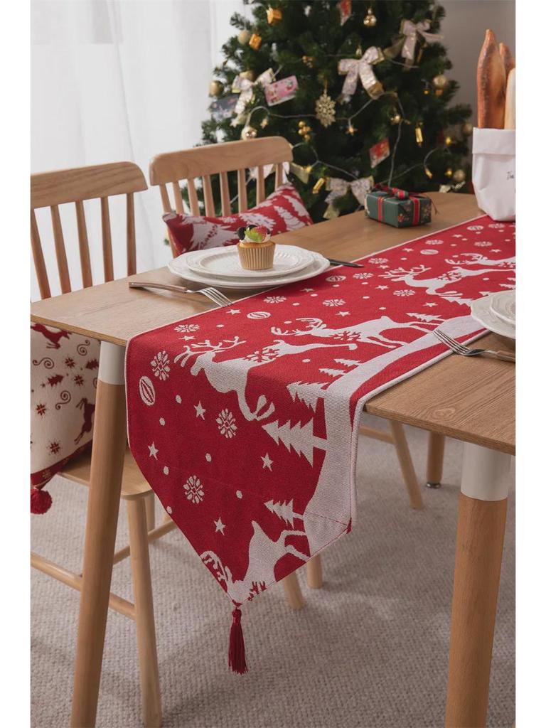 Jacquard Polyester-Cotton Christmas Table Runner with Floral Bells