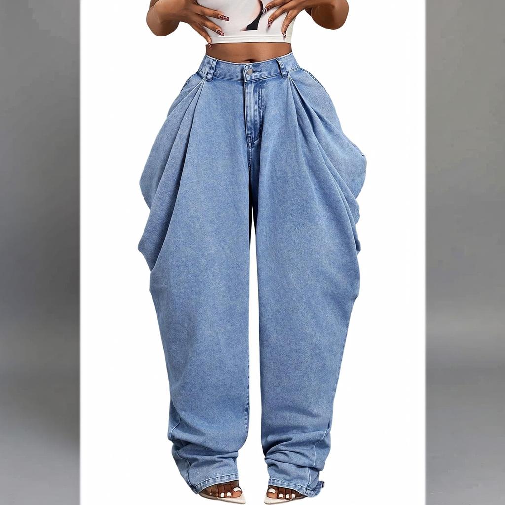 Women's Casual Pleated Vintage Flare Wide Leg Jeans Denim Pants for Everyday Wear