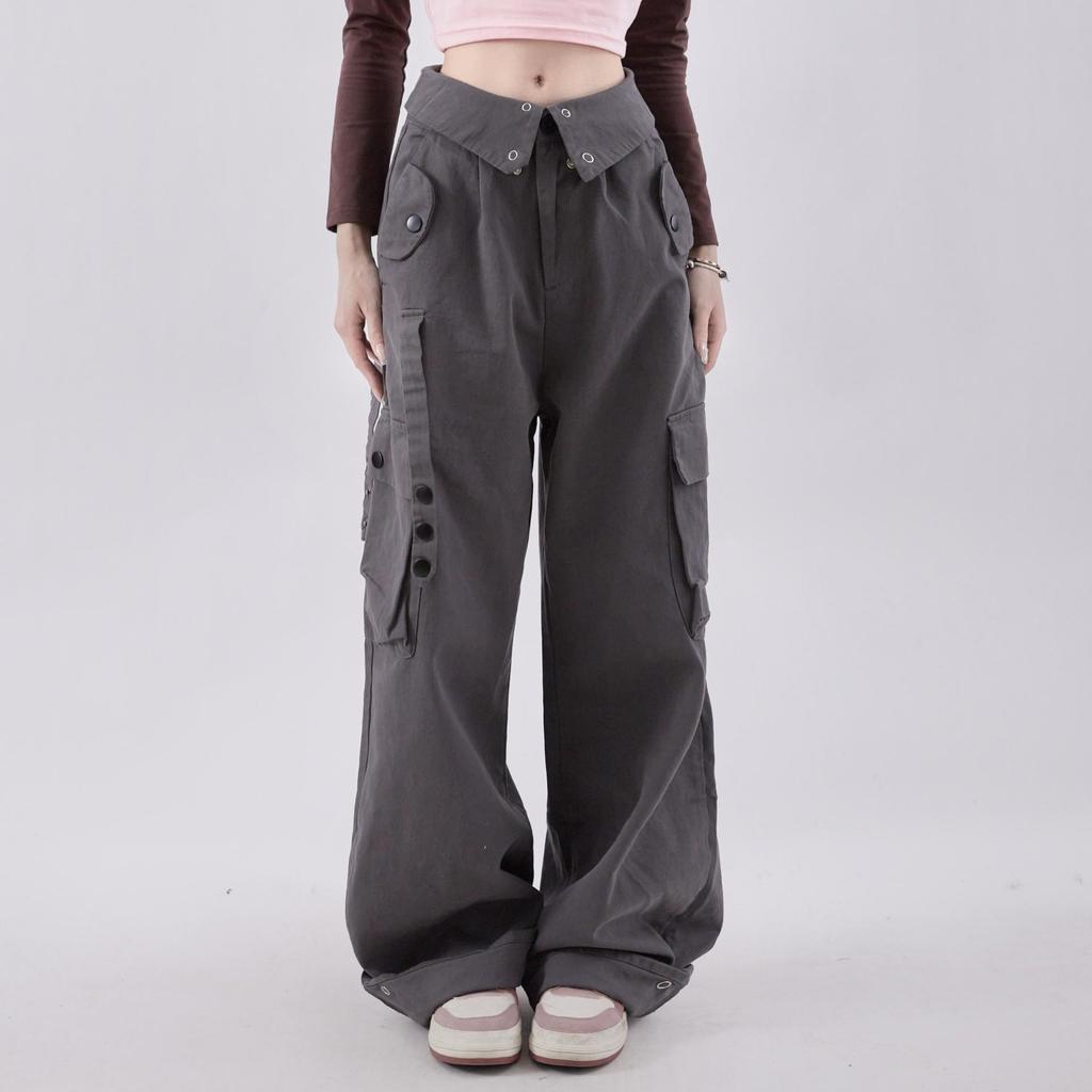 2024 Hong Kong-Style High-Waisted Slim Retro Overalls with Cuffed Design - Loose Fit Straight Pants for Spring and Fall