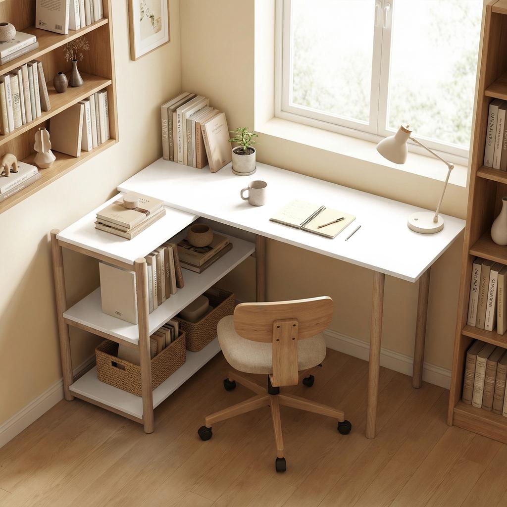 Folding Desk, Computer Desk, Storage Shelves, Bamboo Frame, White and Oak