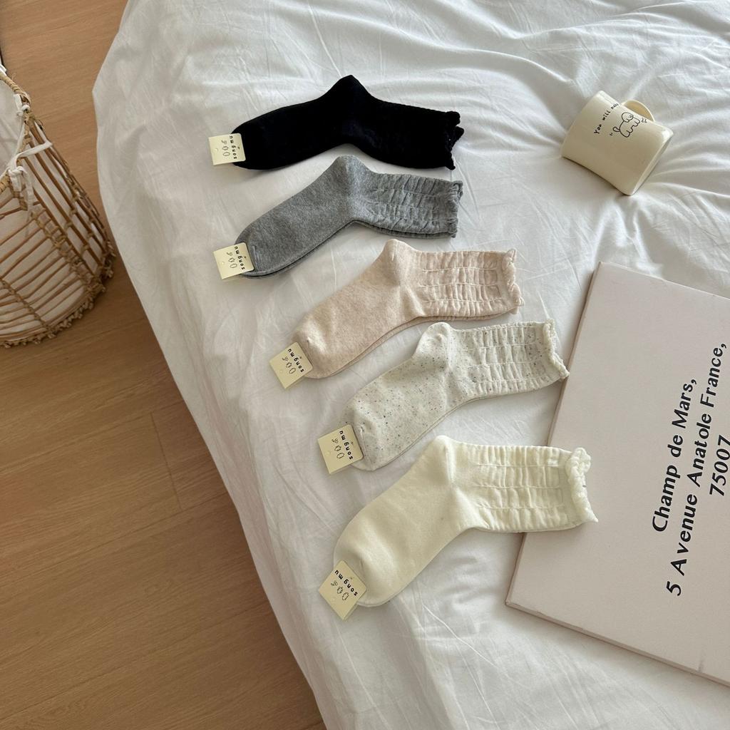 Shirring Lace Socks Mid-Tube Niche Simple Style Spring And Autumn New Product Stack Socks Solid Color Student Socks Casual