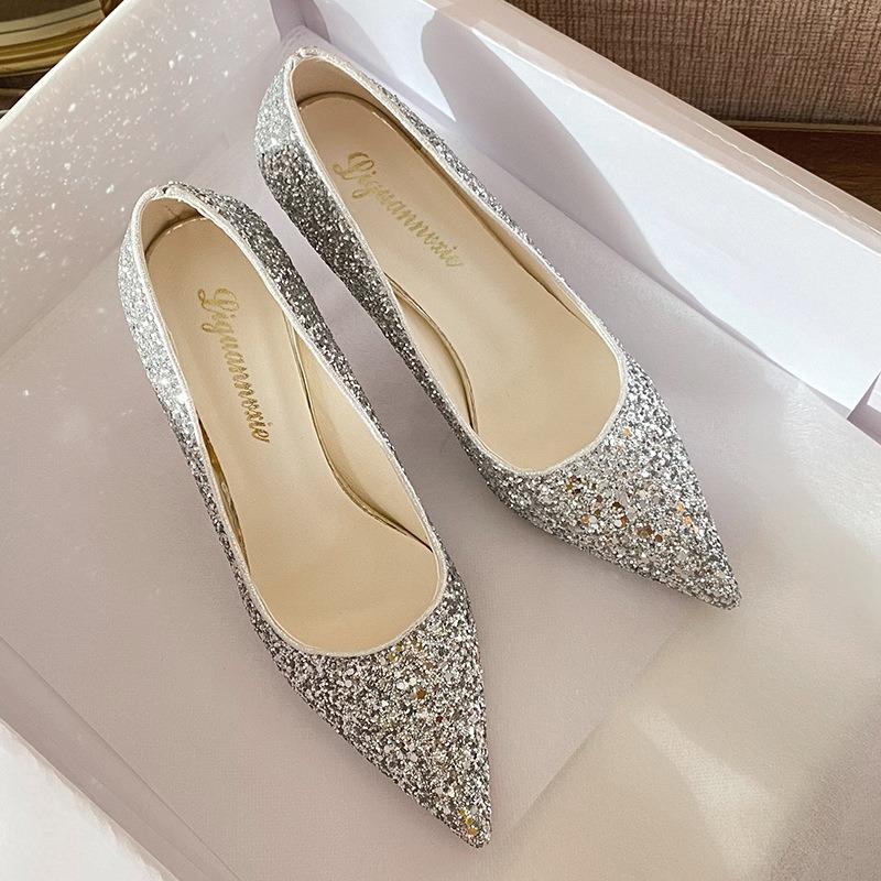 Pointed head shallow mouth high heels women's new sequined stiletto wedding shoes exquisite crystal silver large size 41
