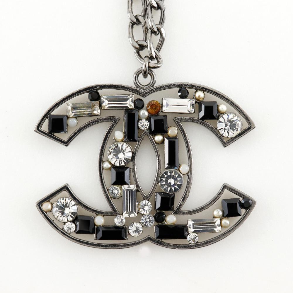 Chanel COCO Mark Necklace Silver / Black metallic/Rhinestone 34.1g Women Used