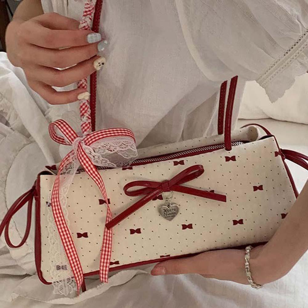 Sweet Bow PU Shoulder Bag Lace Ribbon Underarm Bags High Quality French Stick Handbag  Women