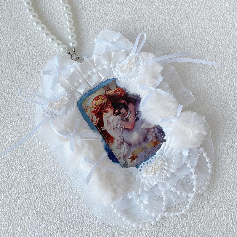 Cute Cat Ears Photocard Frame with Pearl Chain Handmade Lace Kpop Idol Card Holder 3 Inch Card Sleeves for Girls Bag Pendant New