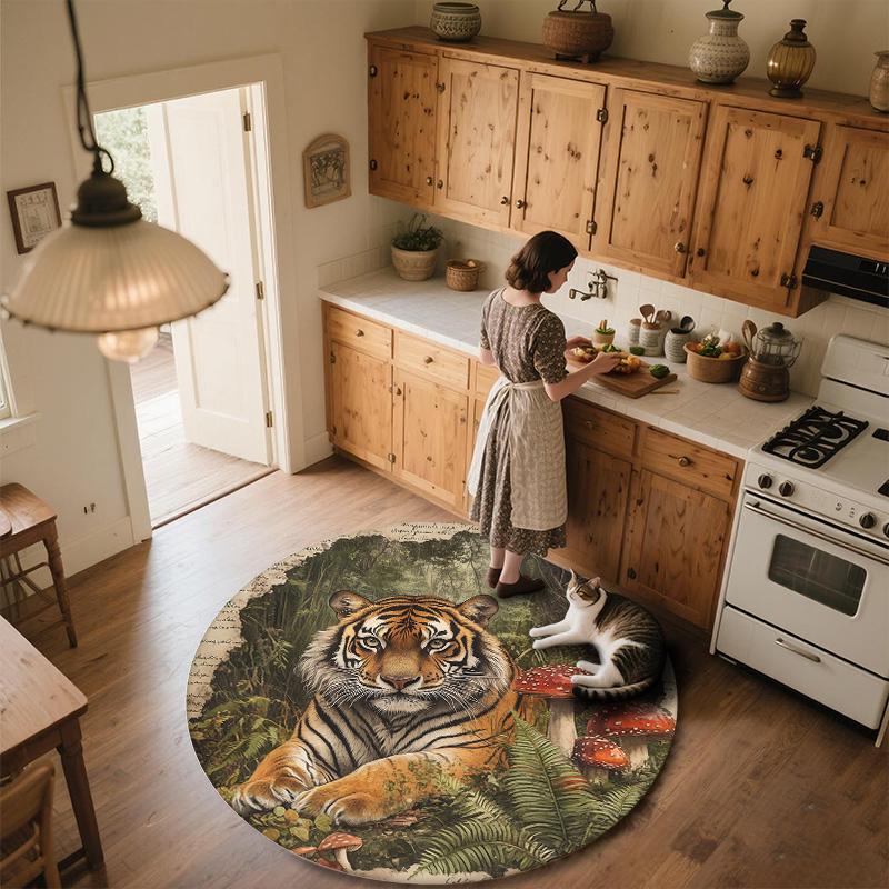 Vintage Tiger,Round Area Rug,Carpet Rug for Living Room Bedroom Sofa Playroom Decor,Non-slip Floor Mat
