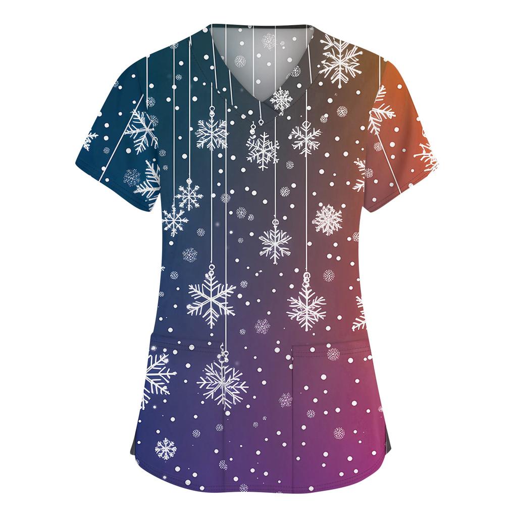 Women's Fashion V-neck Short Sleeve Workwear With Pockets Christmas Printed Tops