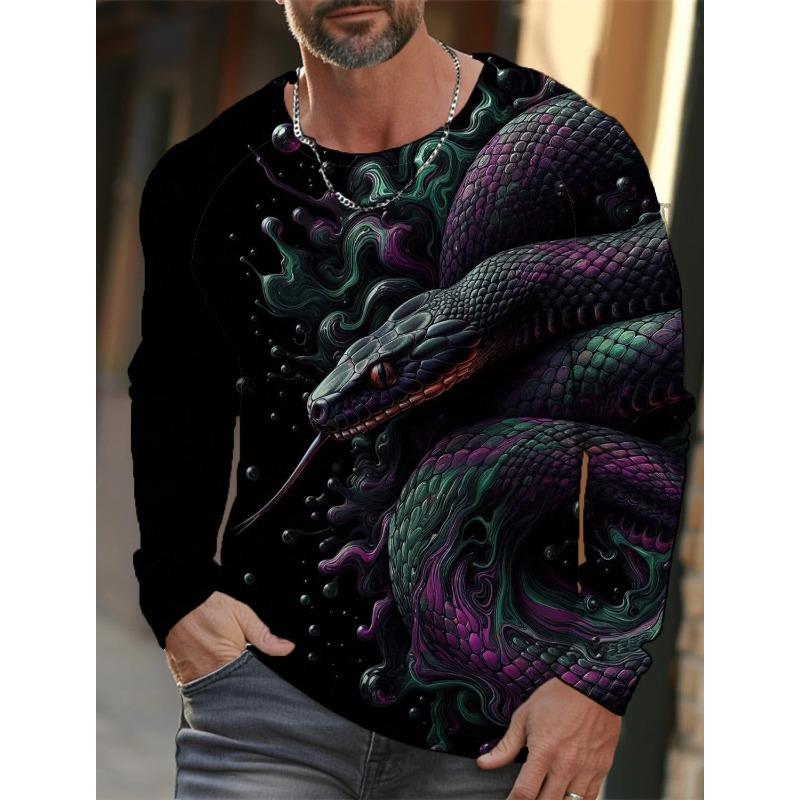Spring and Autumn Round Neck 3D Snake Pattern Printed Top Fashionable Casual Long Sleeved Men's T-shirts