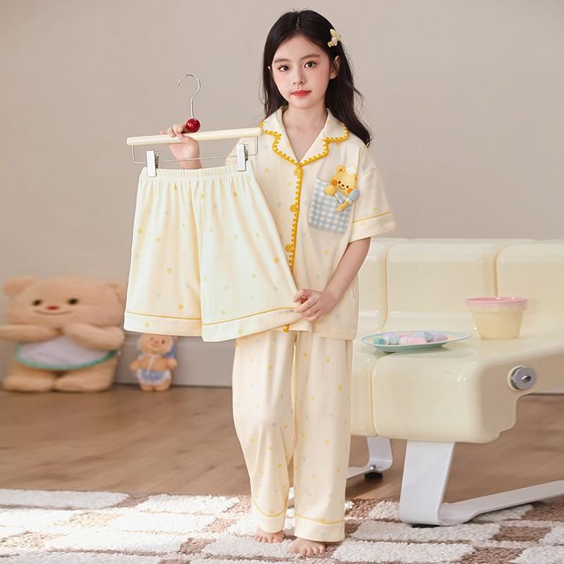 Cotton Cartoon Pajama Set Girls 8 Years Short Sleeve Shorts 3-Piece Sleepwear Home Outfit