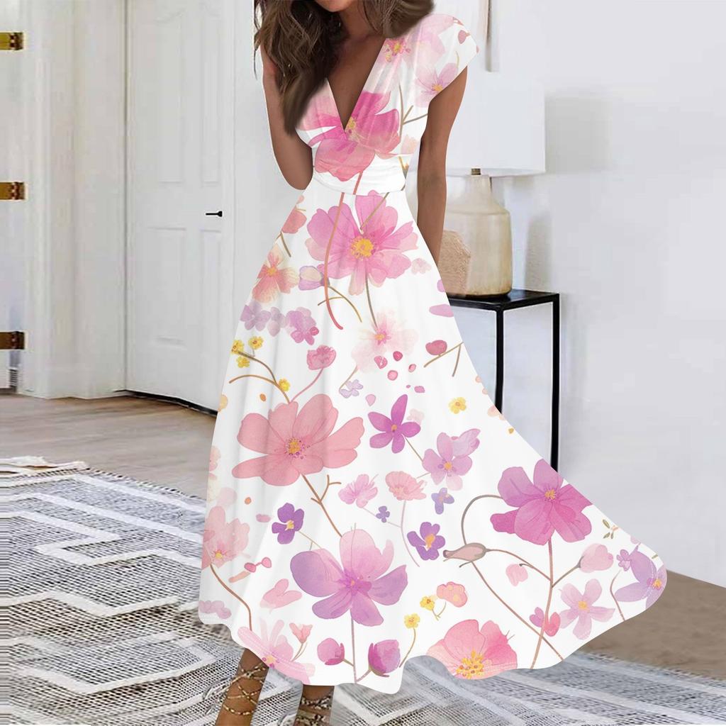 Women's Long Casual Dress Summer Short-Sleeve V-Neck Waist Retraction Printed Dress