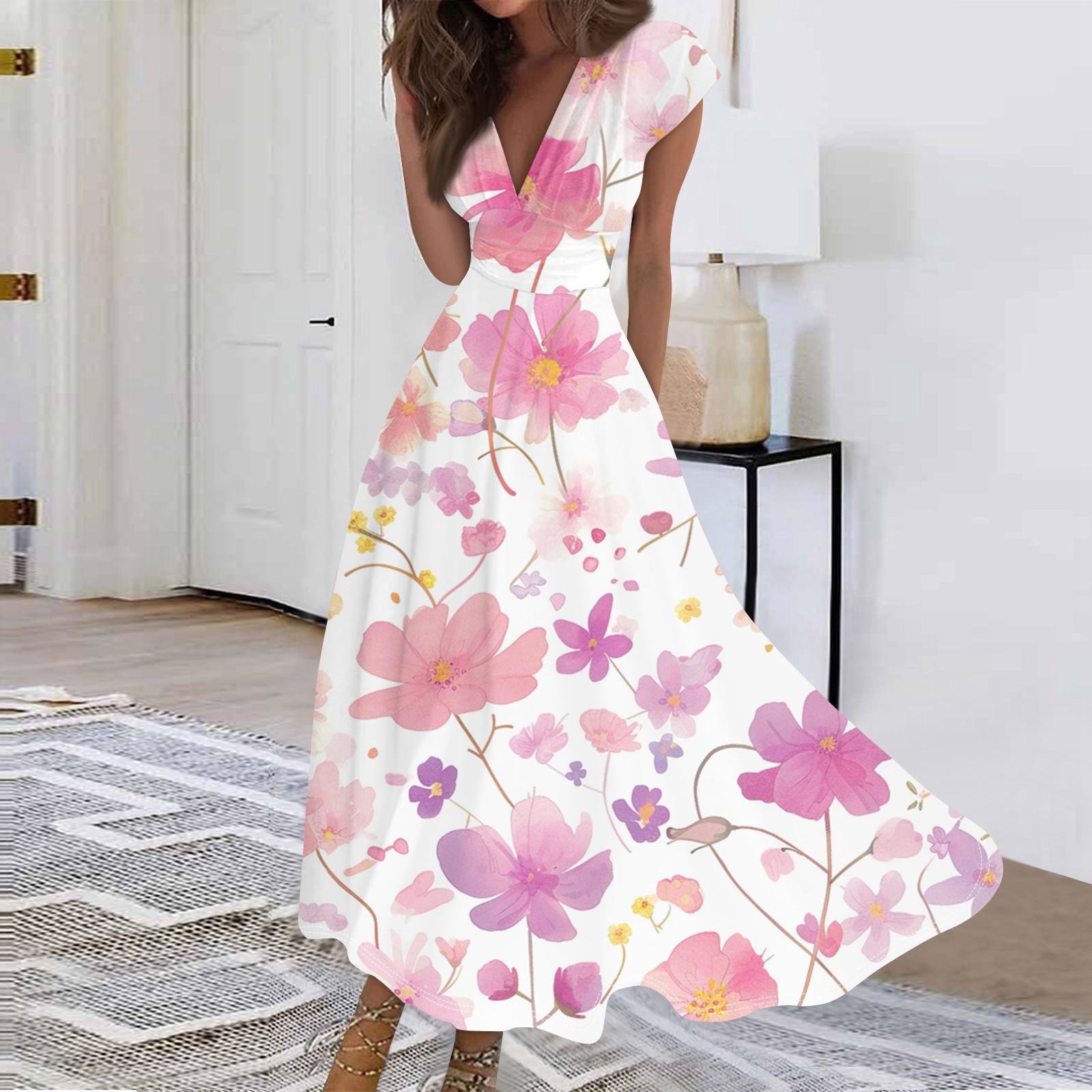 

Женское длинное повседневное платье. Летнее платье с короткими рукавами и v-образным вырезом на талии с принтом. M