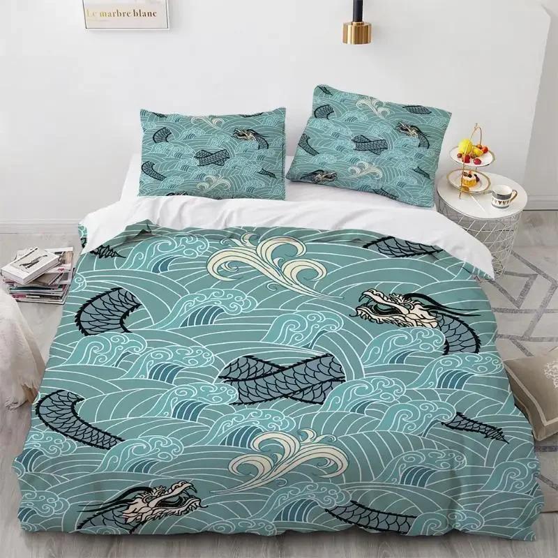 Sada povlaků na přikrývku Wave Vzor Hokusai Japonský povlak na přikrývku Ukiyoe Orientální styl náčrtu Ocean Queen Twin Polyesterová sada povlečení