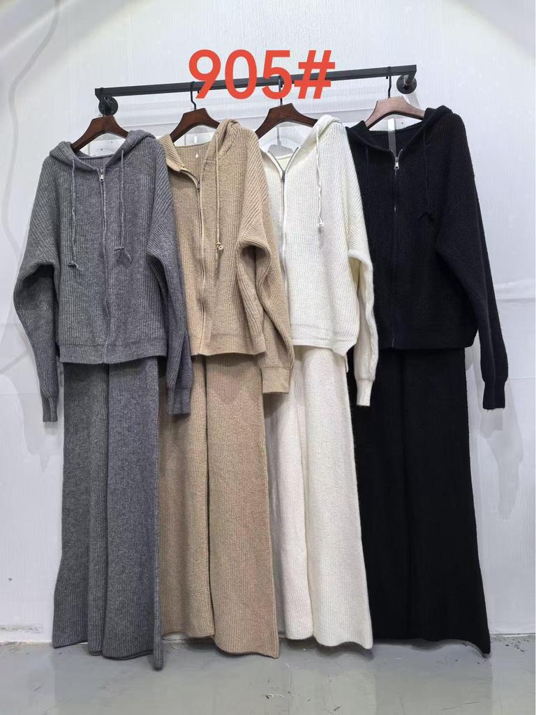 Autumn European Lazy Style Zippered Hooded Cardigan Sweater Set for Women