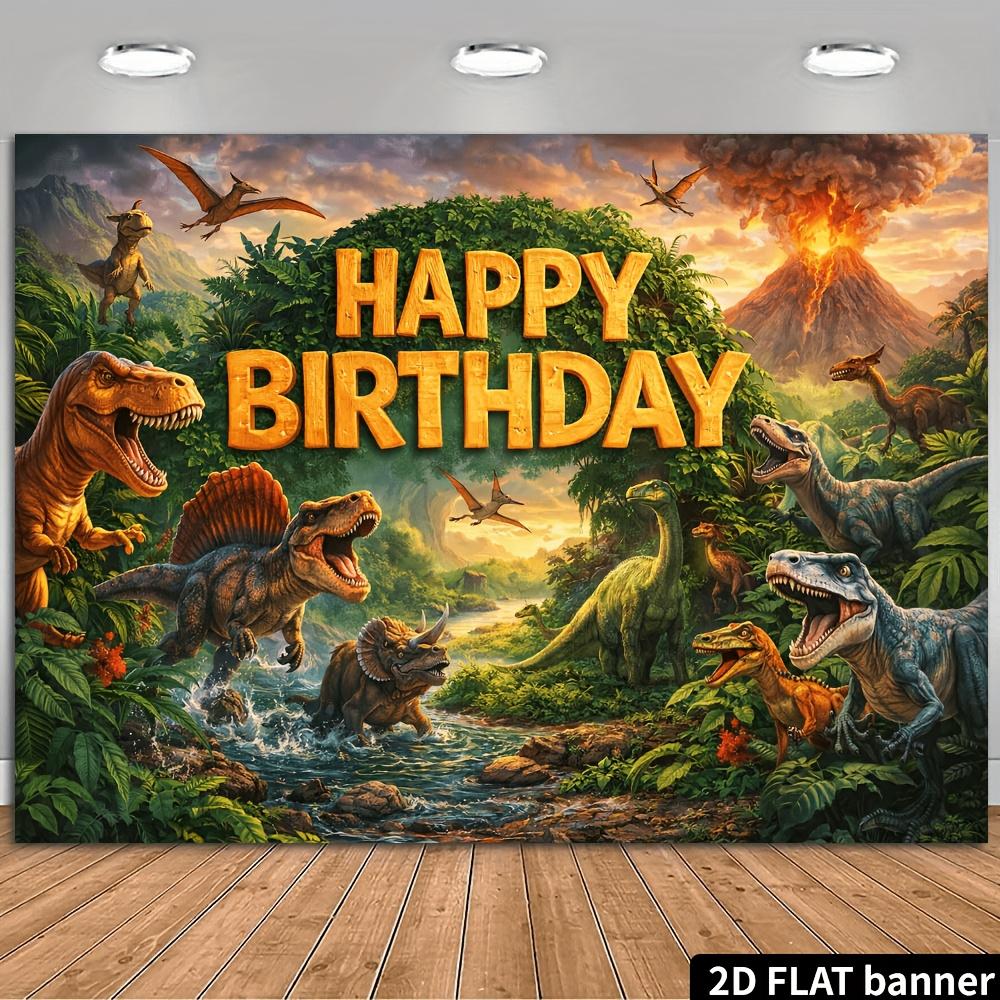 2D plane dinosaur-themed birthday party banner background made of high-quality polyester material.