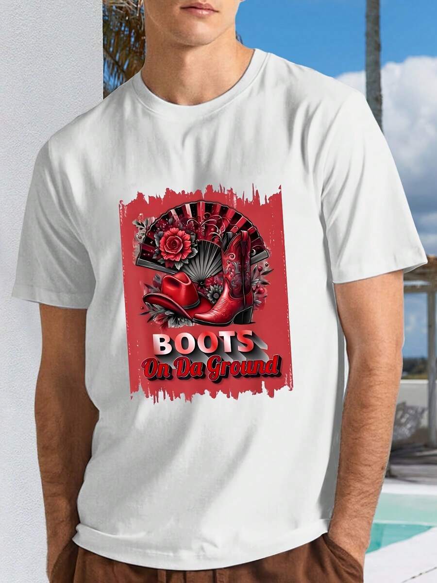 

Unisex Western Boots Graphic T-Shirt, Black White Casual Round Neck Te S